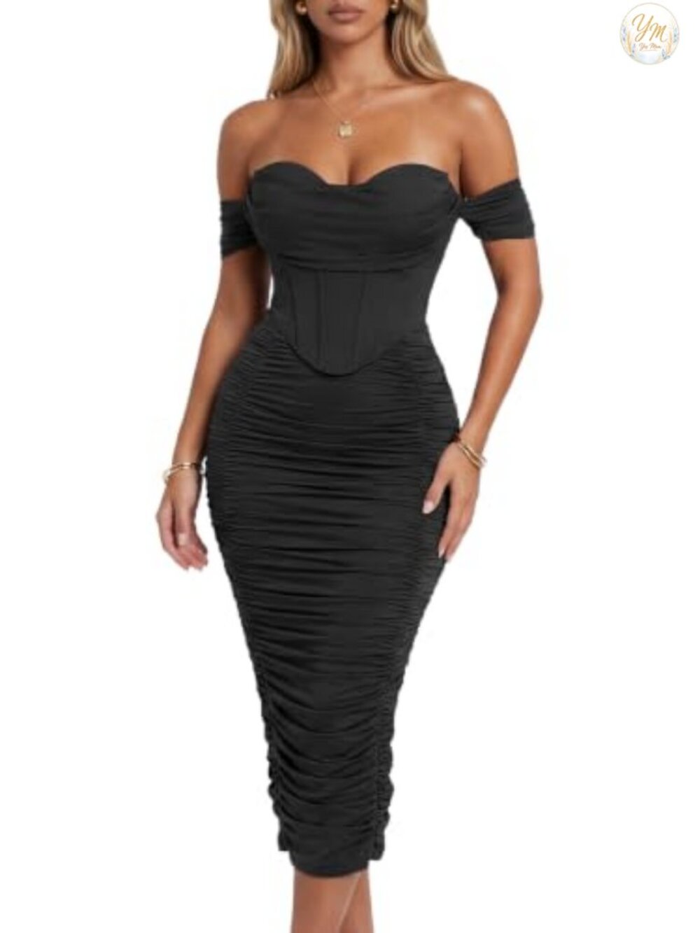 Off Shoulder Faux-Corset Ruched Midi Dress Bodycon Stretch Mesh